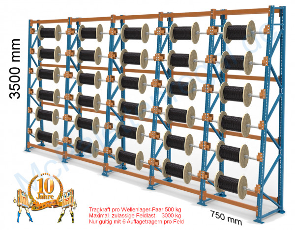 Kabeltrommelregal schräg 3,5 m hoch, 5 Felder, je 6 Trommel-Ebenen