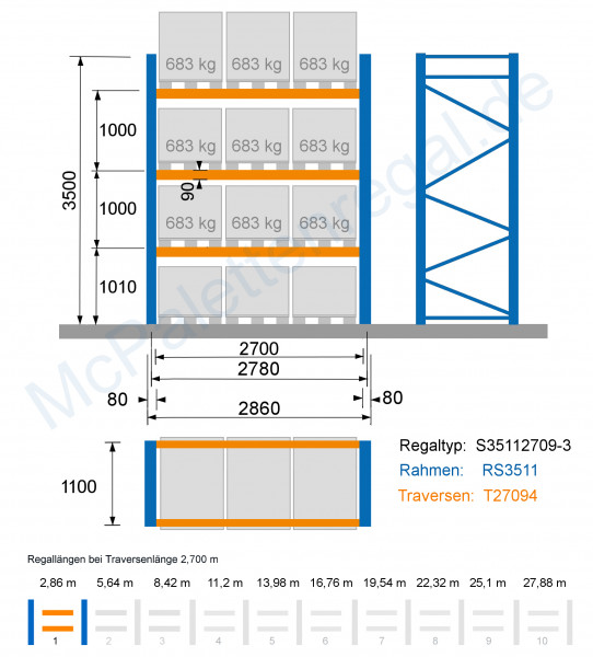 Leichtlast-Regal 3,5 m hoch, Feldbreite 2,7 m, 3 Traversen-Ebenen ( = 2 Rahmen + 6 Traversen)