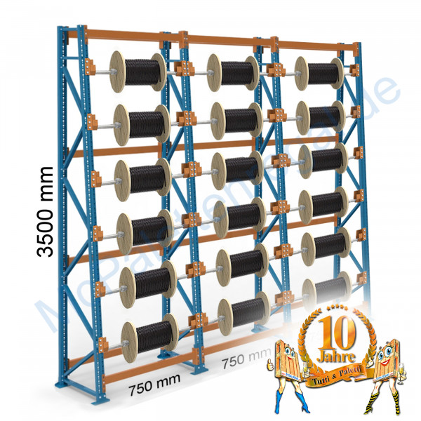 Kabeltrommelregal schräg 3,5 m hoch, 3 Felder, je 6 Trommel-Ebenen